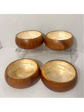 VTG Capiz Shell Inlay Wood Bowls Serveware Bowls Set of 4 Rustic Farmhouse